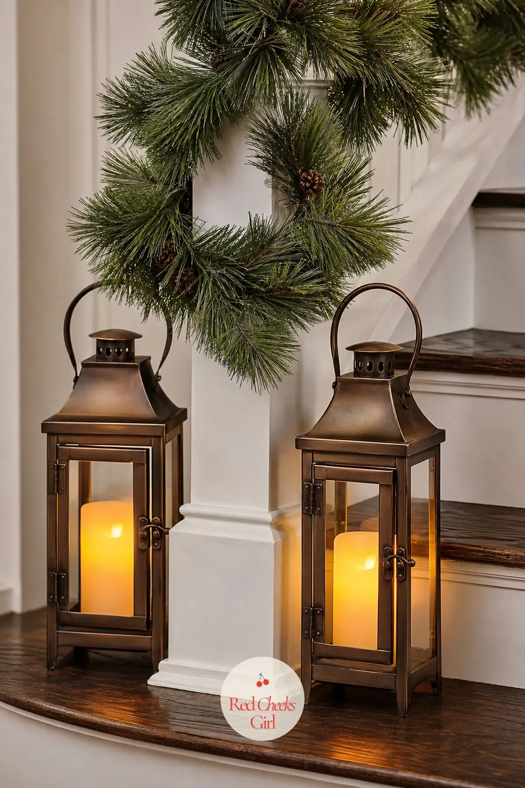 Lanterns at the Bottom Post — Two bronze lanterns with flameless candles, set on the floor flanking the bottom newel post, do more for the entryway's warmth