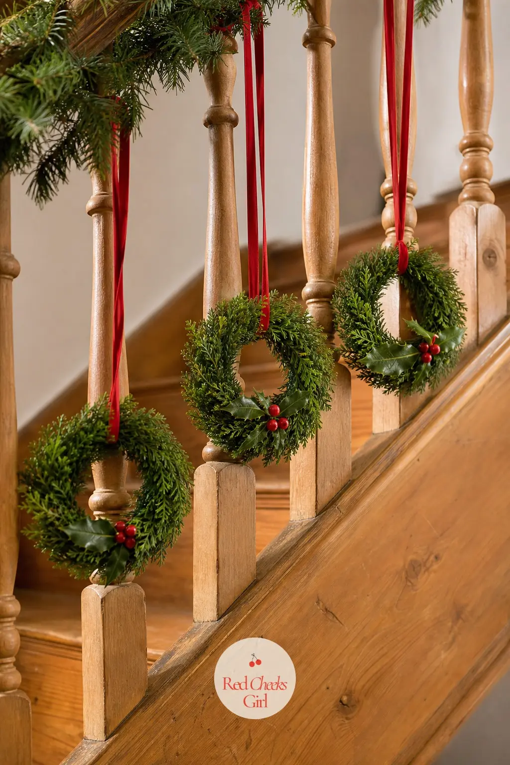 Mini Wreaths Hung on the Spindles — Instead of one long garland, hang a small wreath, no wider than a dinner plate, on every single spindle. Christmas garland