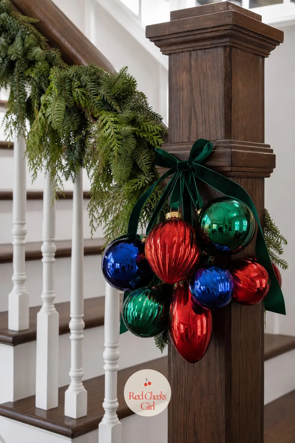 Oversized Ornament Clusters at Each Newel Post — Rather than scattering ornaments along the whole garland, gather three or four oversized ones, in jewel tones