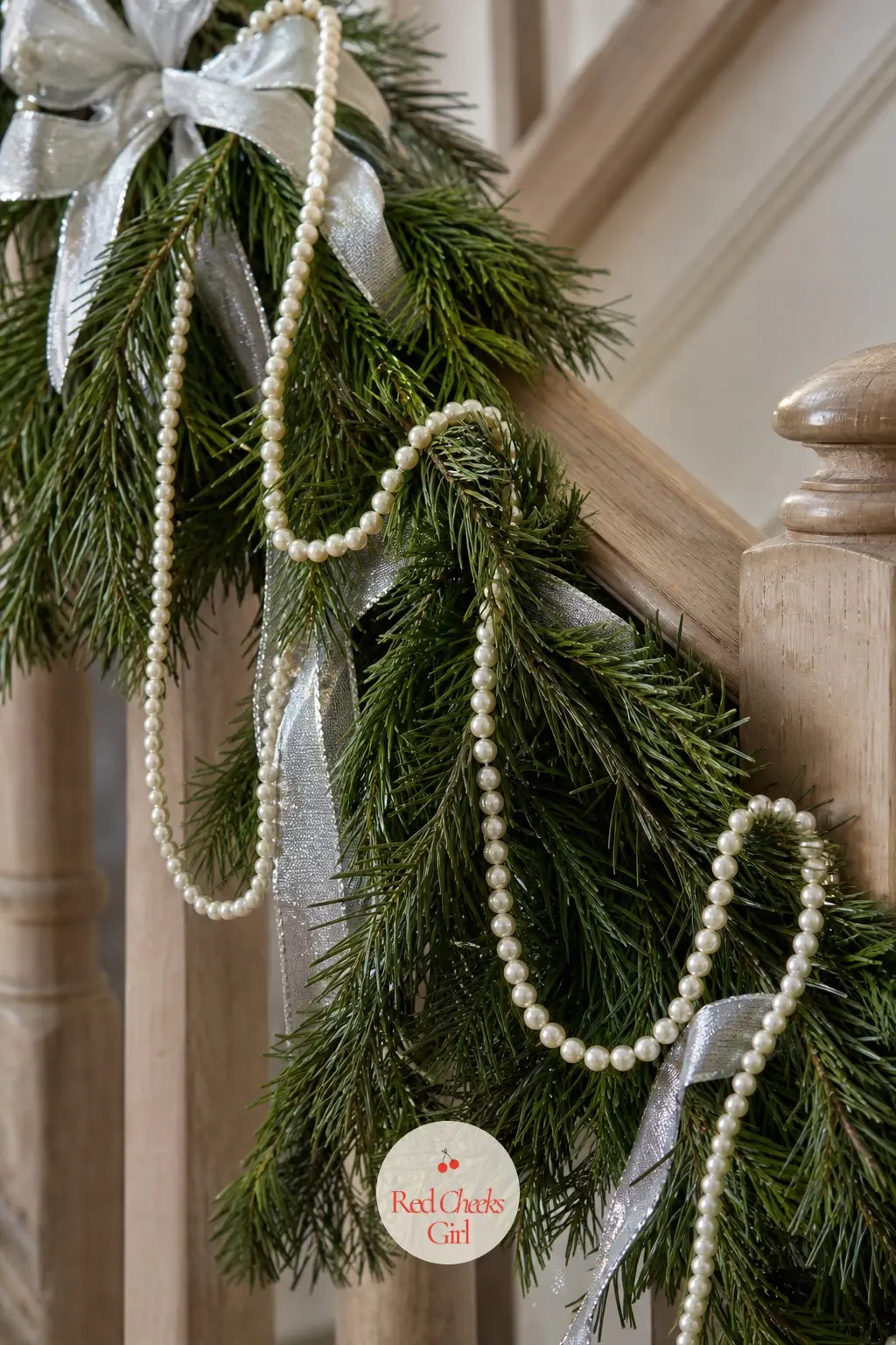 Pearl Strands Draped Over Fir Greenery — Long strands of ivory pearls looped loosely over a soft fir garland bring an elegant, almost bridal quality to the