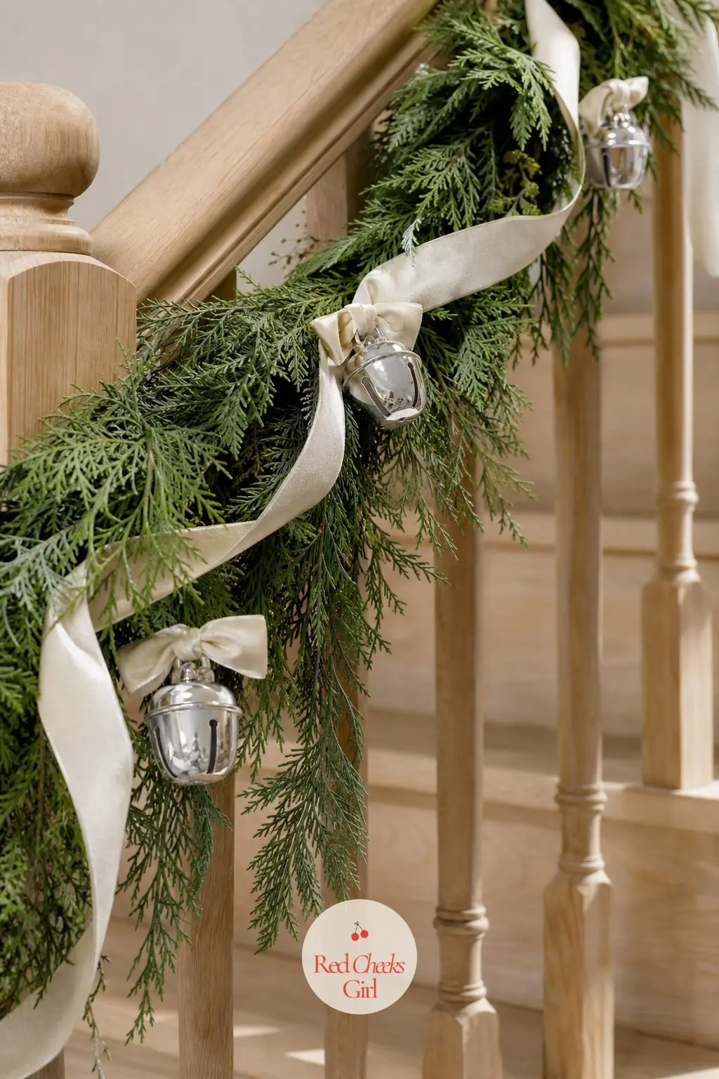 Silver Bells Chiming Along an Ivory Ribbon Garland — Small silver bells tied at intervals along a soft ivory ribbon give the staircase a gentle sound as well