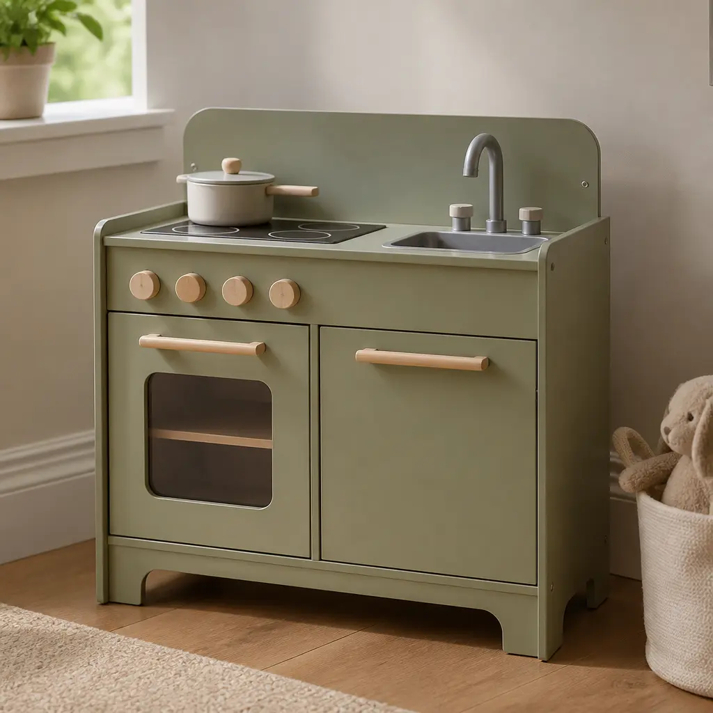 Wooden Play Kitchen — She already stands at your elbow every time you cook, narrating and stirring air. Christmas gift ideas for kids