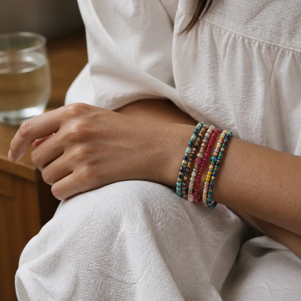 Beaded Bracelet Stack — A handful of colorful bracelets worn together reads as a whole look rather than a single accessory. Christmas gift ideas for women