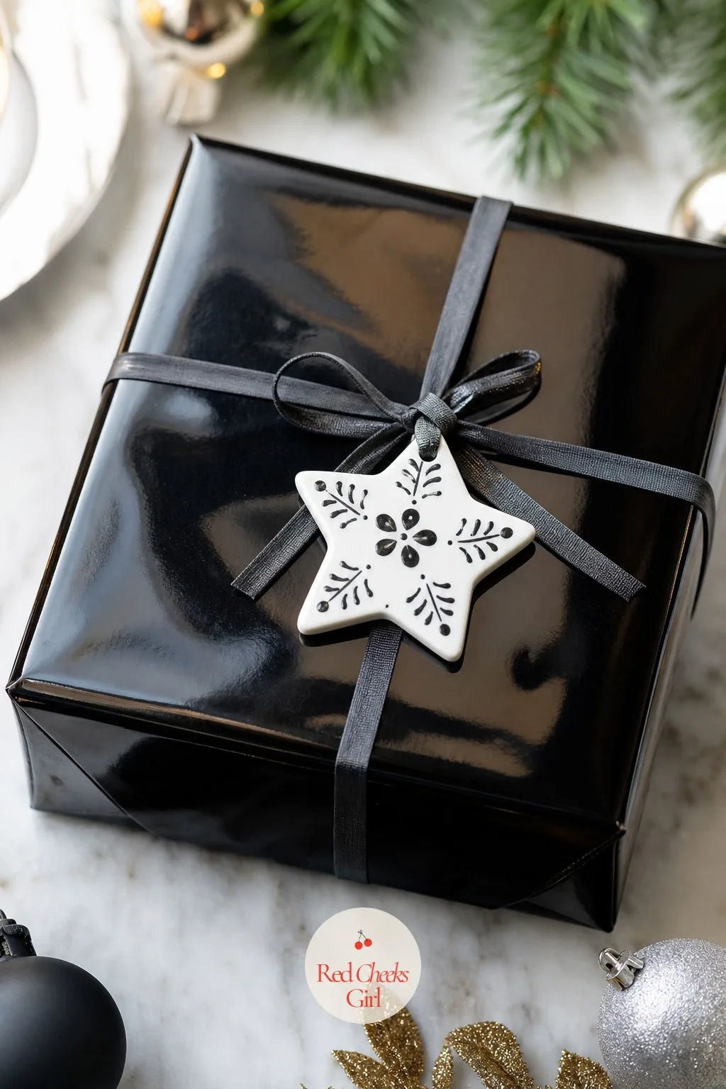 Black Lacquer Paper with a Painted Ceramic Ornament Topper — Glossy black paper reads more cocktail party than kids' table, which is exactly the point for a