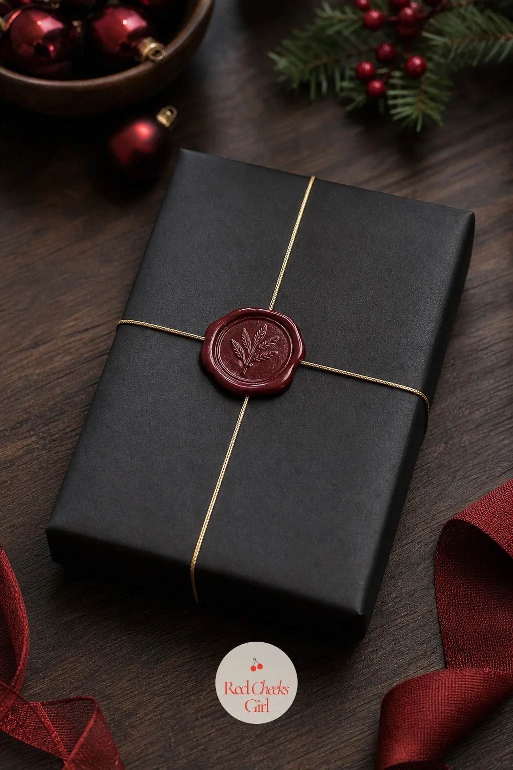 Black Paper with a Burgundy Wax Seal — A plain black box under the tree looks like a mistake until the wax seal catches the light. Christmas gift wrapping ideas