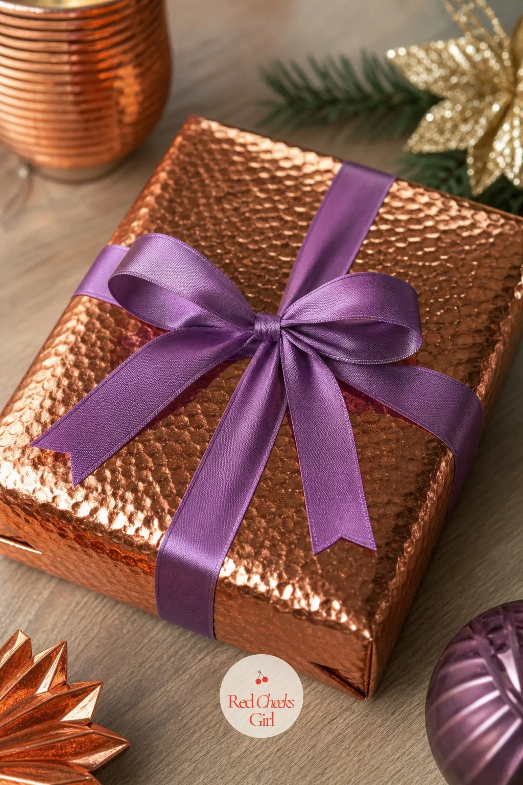 Copper Hammered-Foil Paper with Amethyst Ribbon — If gold feels too obvious for the gift, copper carries the same warmth with less shine. Christmas gift