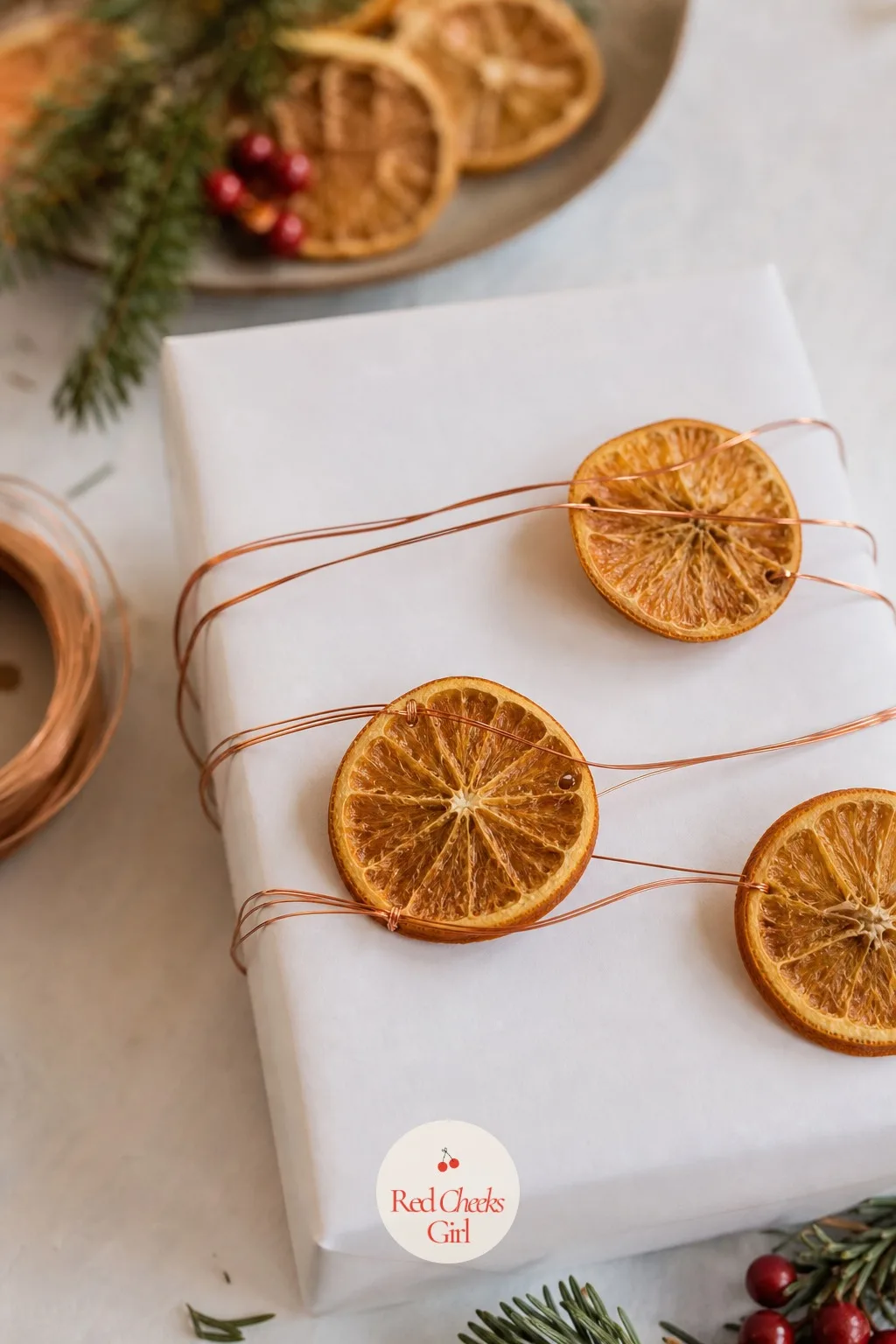 Dried Orange Slices and Copper Wire on White Paper — This smells like the gift before it is even opened. Christmas gift wrapping ideas