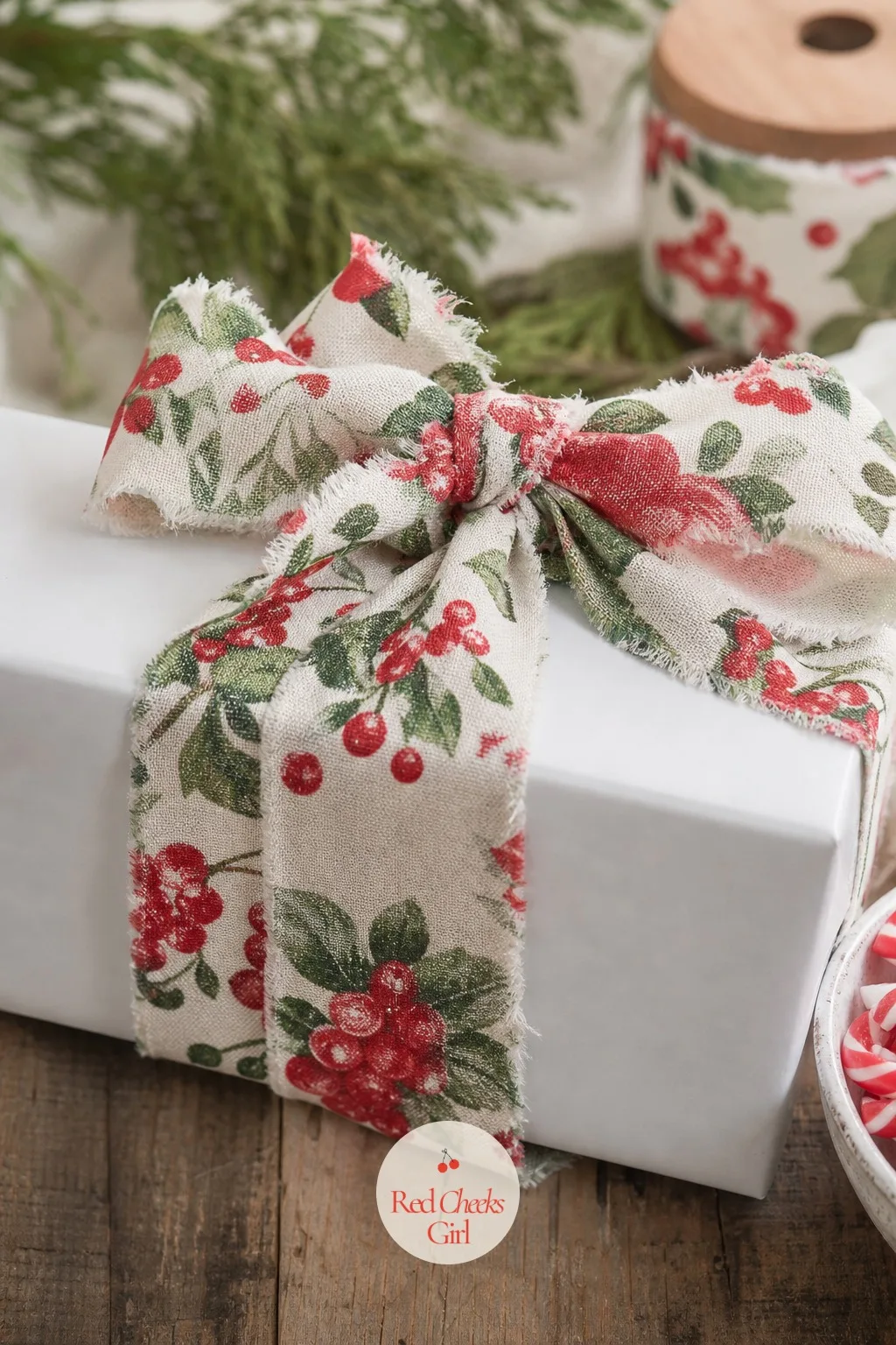 Fabric Scrap Ribbon from an Old Christmas Tablecloth — That stained tablecloth nobody will use again has one more Christmas in it. Christmas gift wrapping ideas