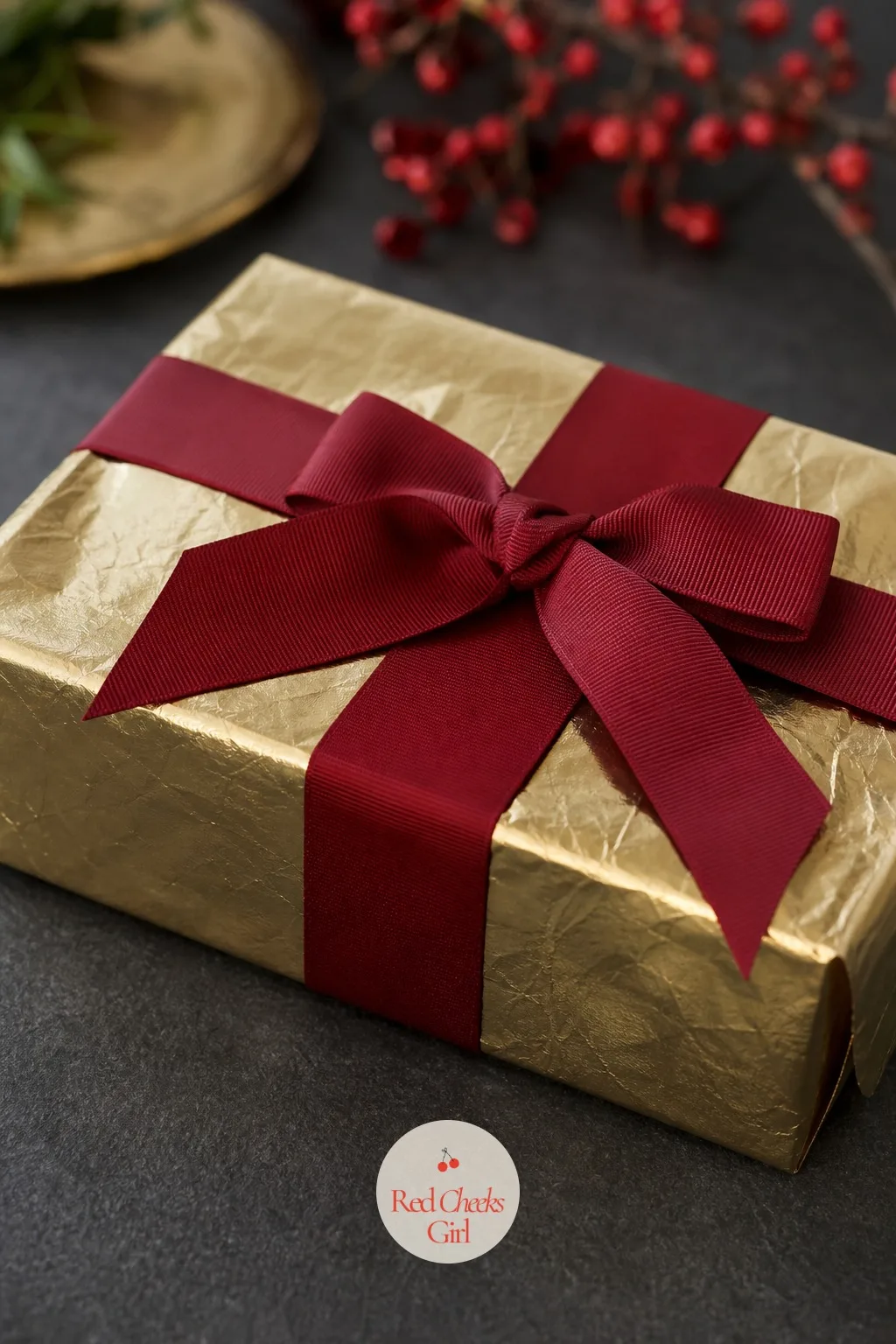 Gold Foil Paper with Garnet Ribbon — Gold paper alone can tip into gaudy, what rescues it is a ribbon one shade deeper than blood red wine. Christmas gift