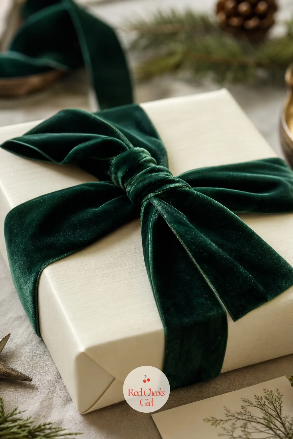 Ivory Paper with Emerald Velvet Ribbon — Plain white paper says nothing on its own, it needs the ribbon to do the talking. Christmas gift wrapping ideas