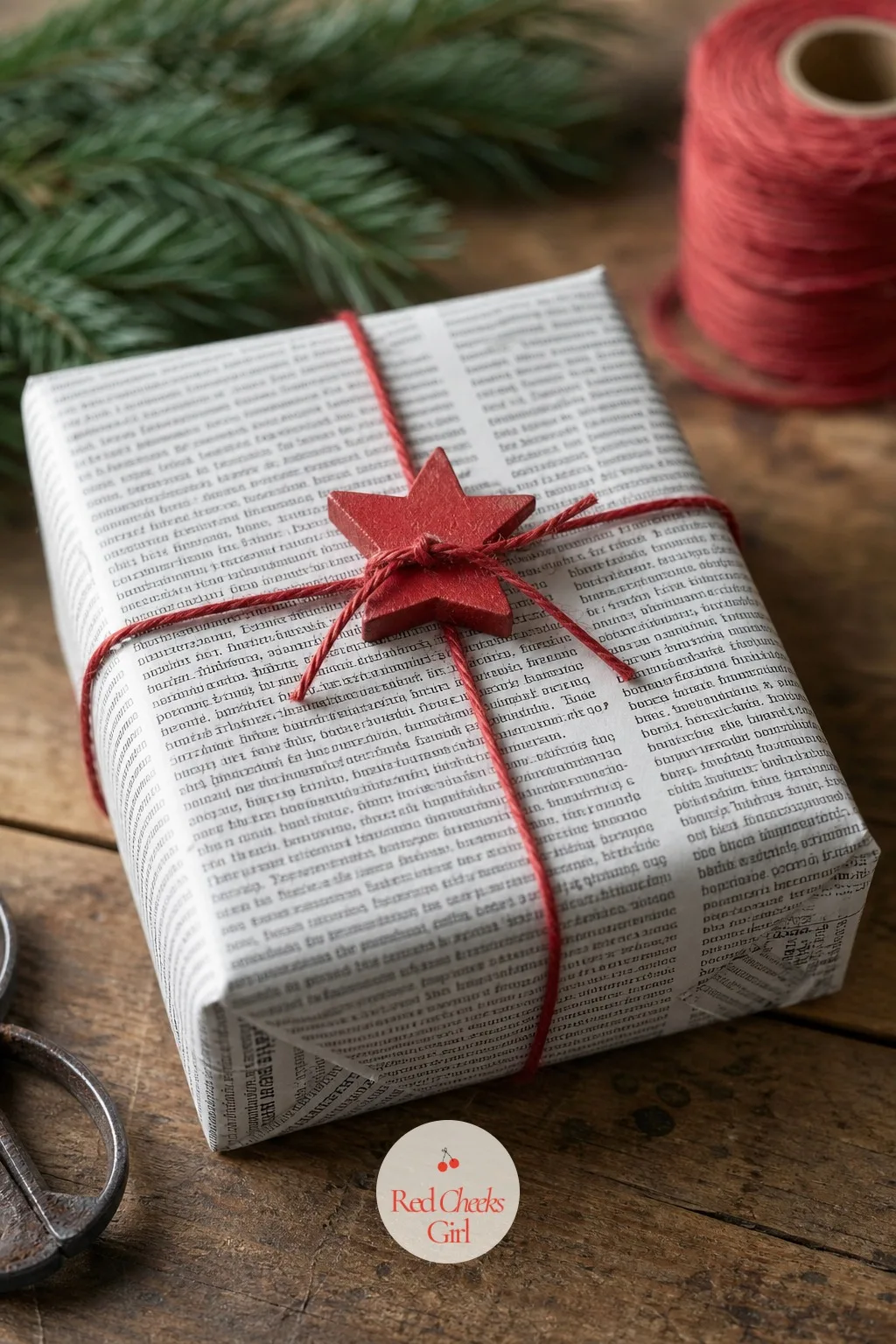 Newspaper Wrap with Red Twine and a Painted Wooden Star — Free is free: yesterday's newspaper, saved rather than recycled, wraps a gift as well as anything
