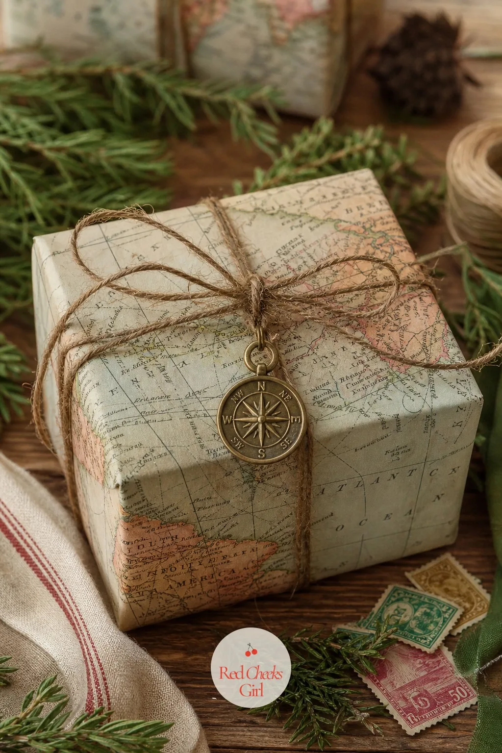Vintage Atlas Pages with a Brass Compass Charm — For the one who is always booking flights or still talking about a trip from years back, wrap the gift in