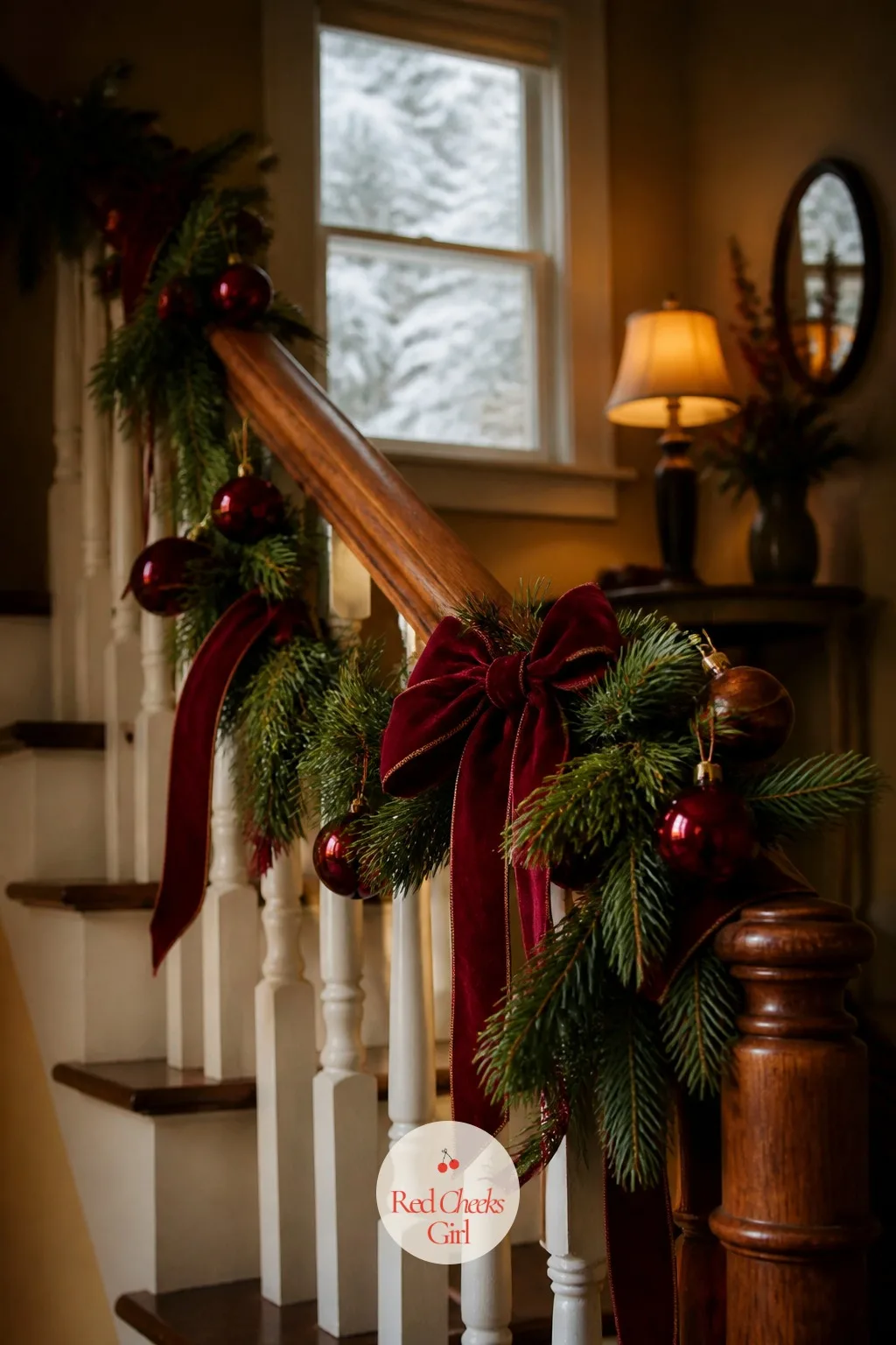 The Banister Garland — A bare staircase in a house this dressed looks like an afterthought, and it is the first thing a guest's eye follows up and out of the