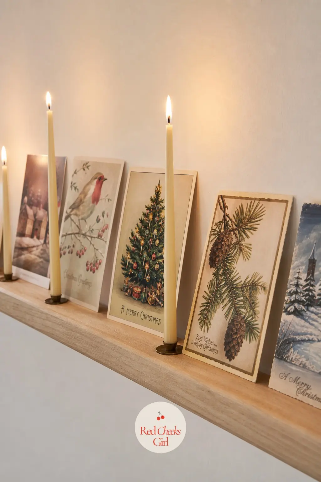 A Floating Picture Ledge Lined With Illustrated Holiday Postcards and Tapers — A single floating shelf mounted where a picture ledge would normally hold art