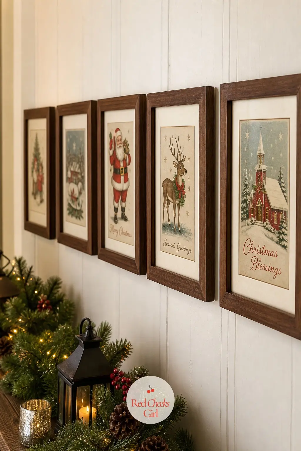 A Line of Illustrated Vintage Christmas Cards Swapped Into the Existing Photo Frames — The cheapest idea on the list: pull the family photos out of the frames
