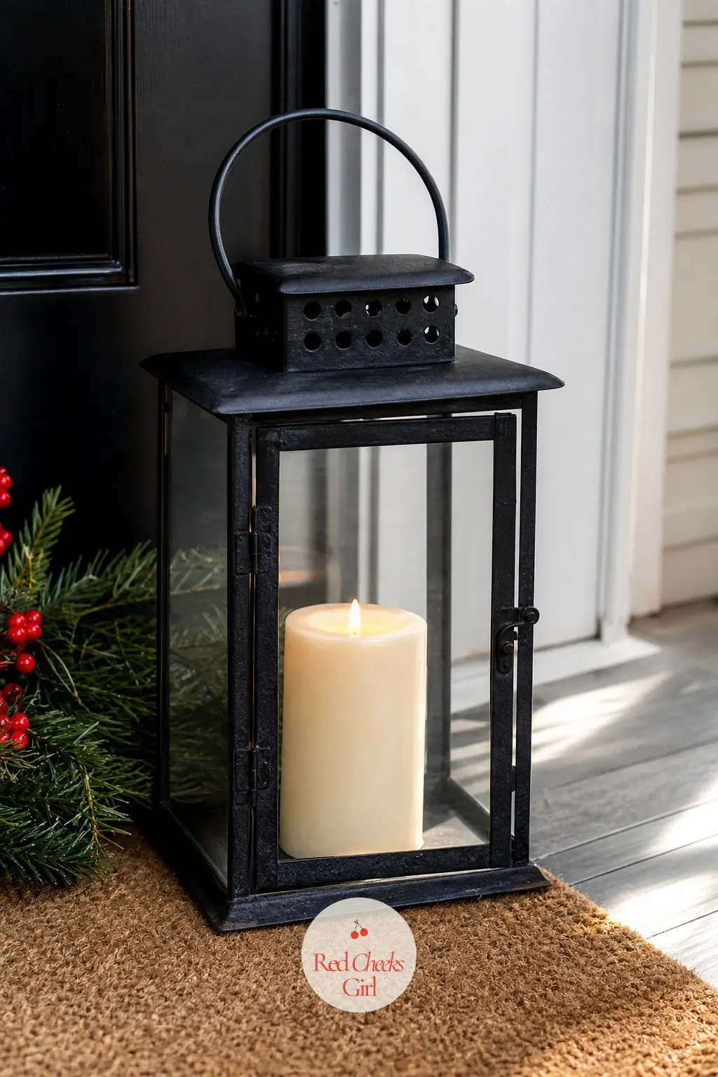 A Low Iron Lantern Holding One Thick Ivory Pillar Candle on the Doormat — One lantern, one candle, placed low where a wreath cannot go: on the floor just