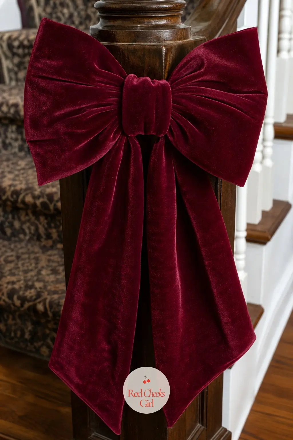 One Oversized Velvet Bow Clipped to the Newel Post at the Foot of the Stairs — A single oversized bow in deep wine velvet, clipped where the bannister meets