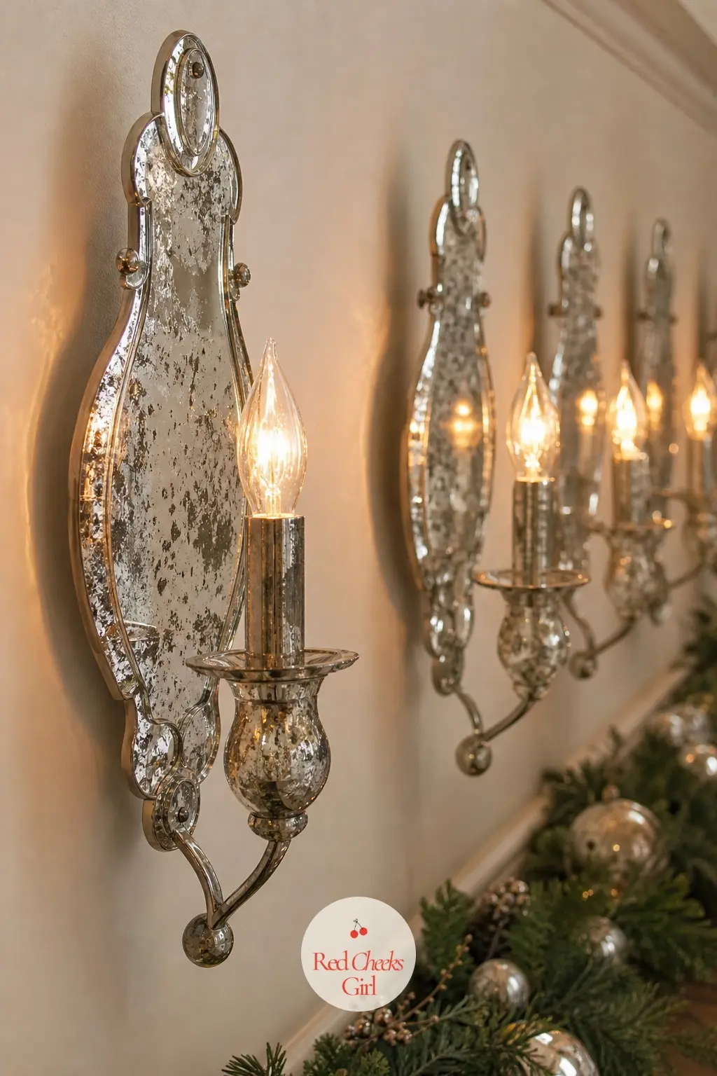 A Row of Mercury Glass Sconce Candles Mounted Down One Narrow Wall — Battery sconces with mercury glass cups go up in a straight line down one bare wall, each