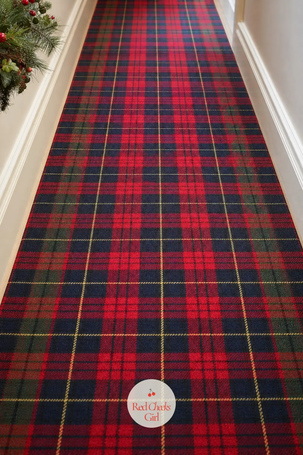 A Tartan Wool Runner Fitted Edge to Edge Down the Hallway Floor — A proper wool runner in red, green and navy tartan, cut to fit the full width of the hall