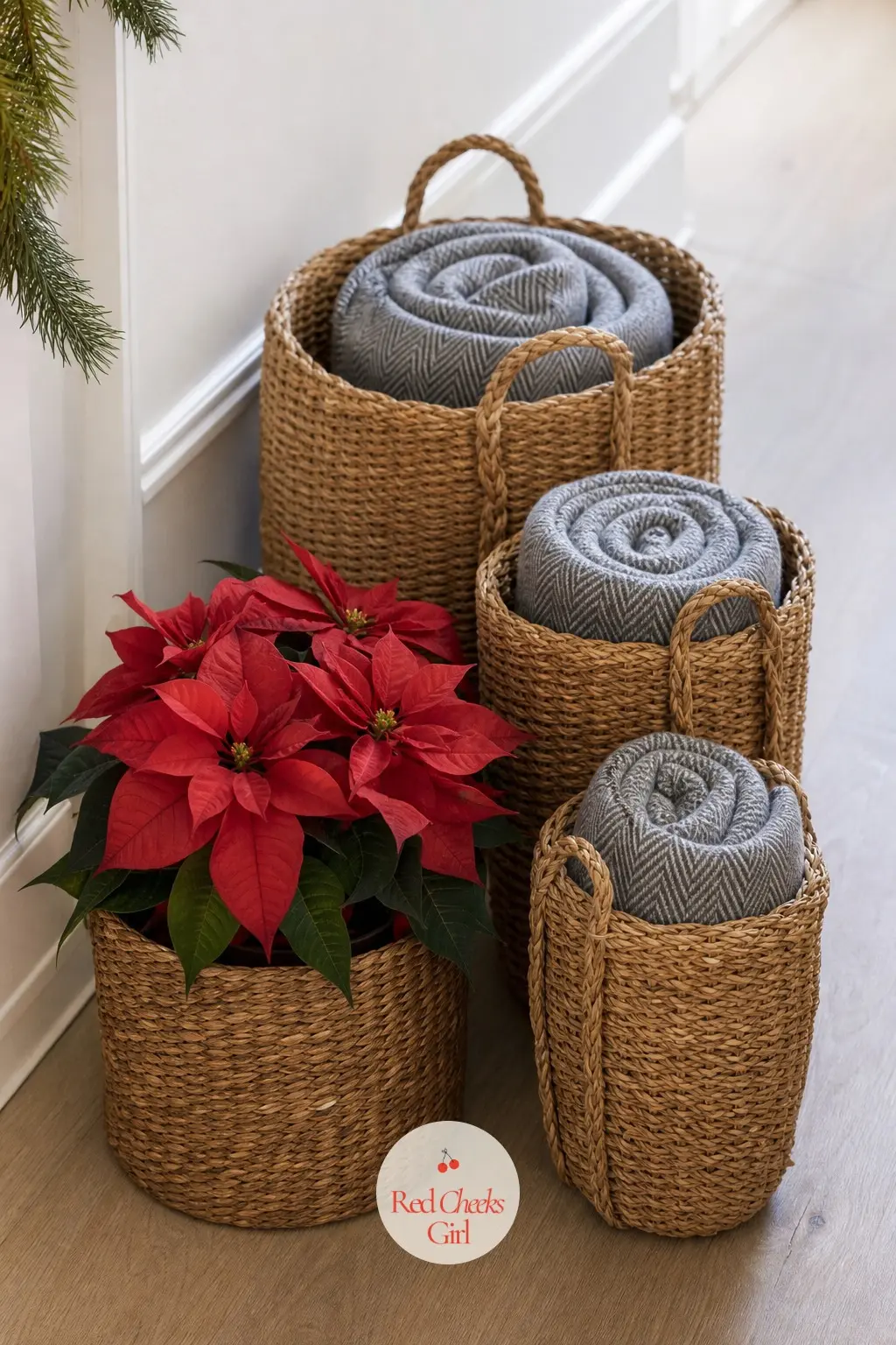 A Trio of Woven Baskets Holding Rolled Throws and One Potted Poinsettia — Three graduated baskets pushed flush against the skirting board hold rolled blankets