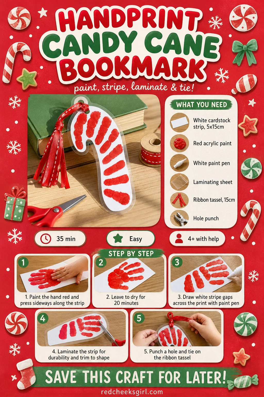 Handprint Candy Cane Bookmark Craft Card printable sheet — The thumb-curve trick and laminating steps for the bookmark on one card. Christmas handprint crafts
