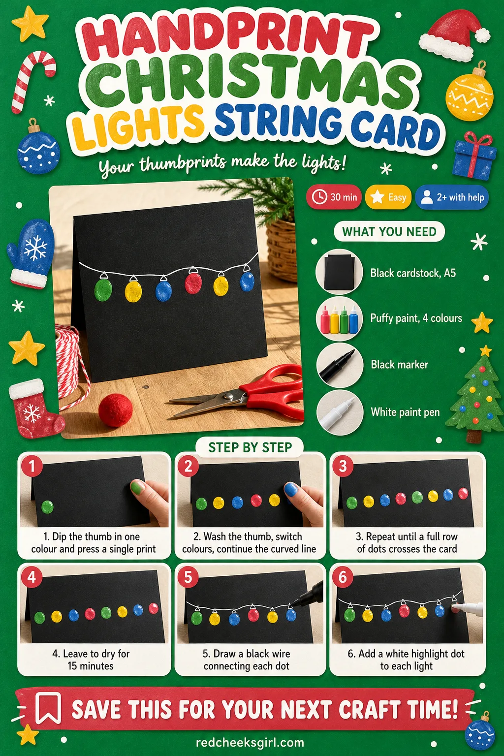 Handprint Christmas Lights String Card Craft Card printable sheet — The thumbprint-and-wire method for the lights card on one printable sheet. Christmas