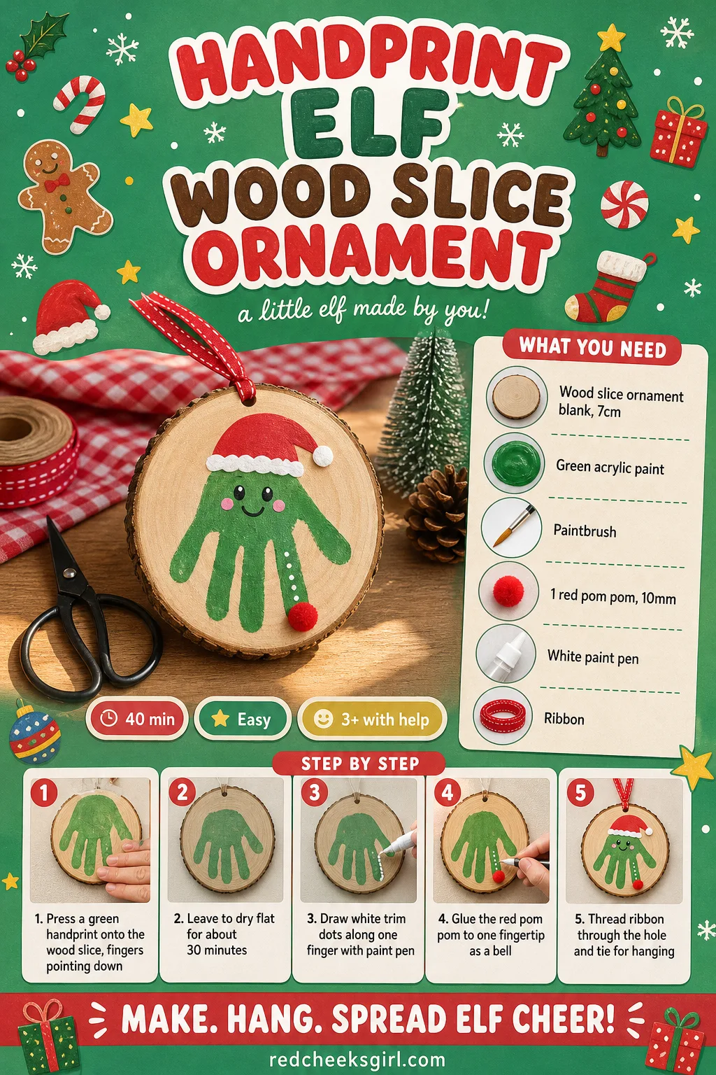 Handprint Elf Wood Slice Ornament Craft Card printable sheet — The wood slice elf ornament method condensed to one printable card. Christmas handprint crafts