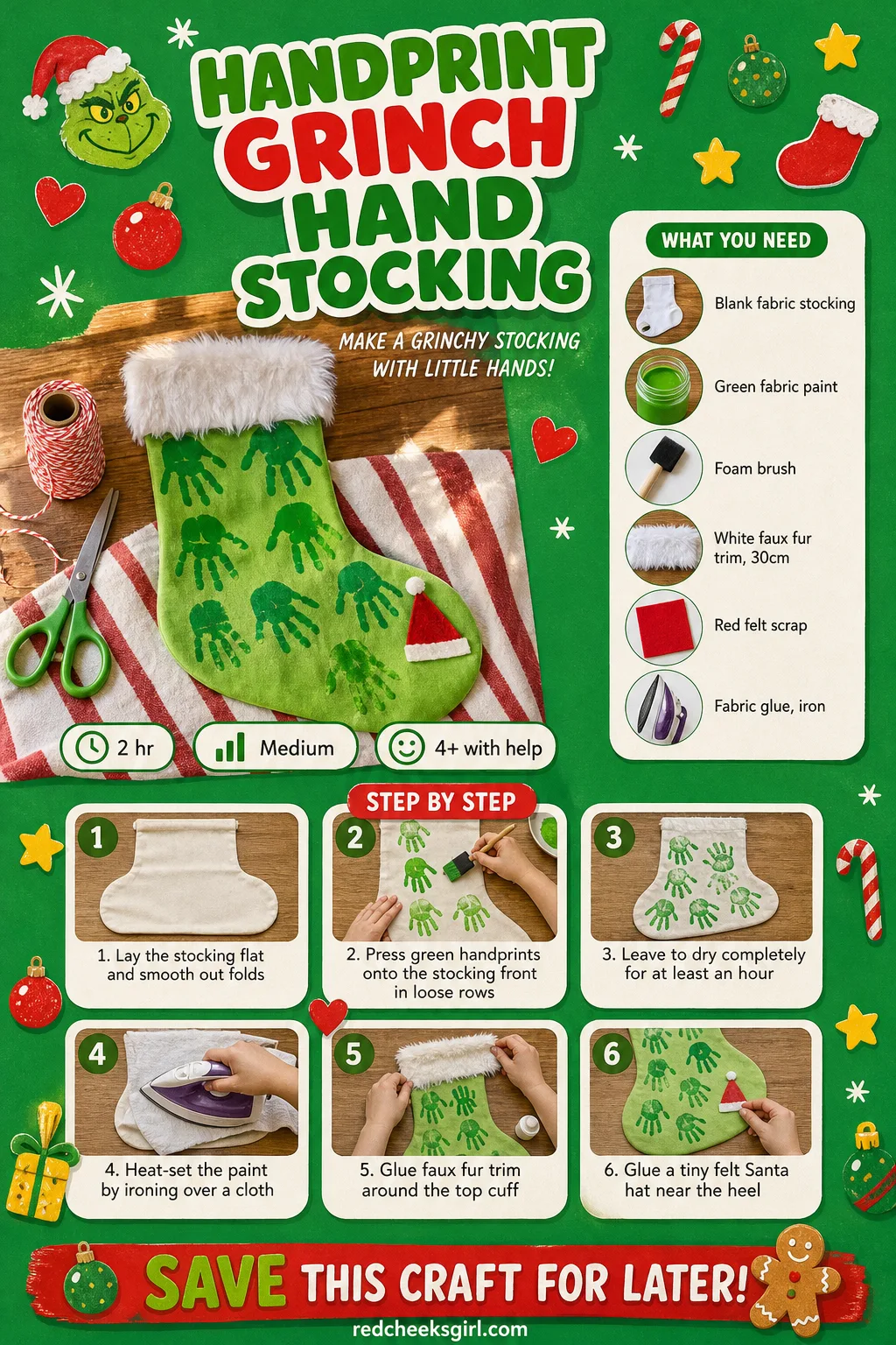 Handprint Grinch Hand Stocking Craft Card printable sheet — Heat-setting and trim steps for the Grinch stocking on one printable card. Christmas handprint