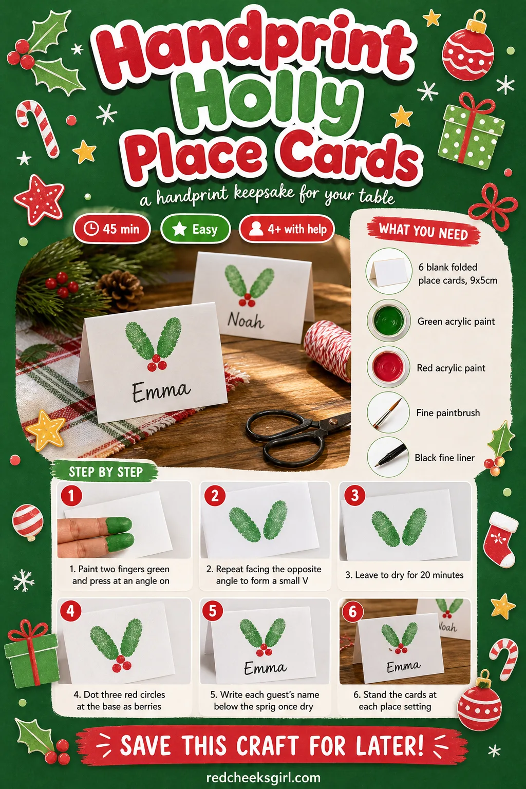 Handprint Holly Place Cards Craft Card printable sheet — The two-finger holly leaf method for the place cards on one printable sheet. Christmas handprint crafts