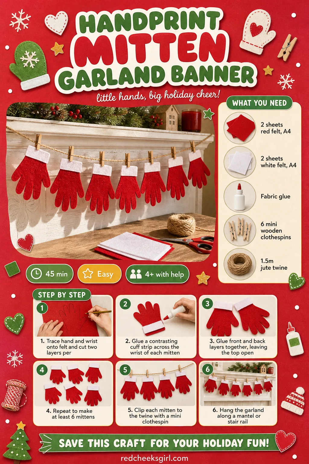 Handprint Mitten Garland Banner Craft Card printable sheet — The felt-cutting and clothespin steps for the mitten garland on one card. Christmas handprint