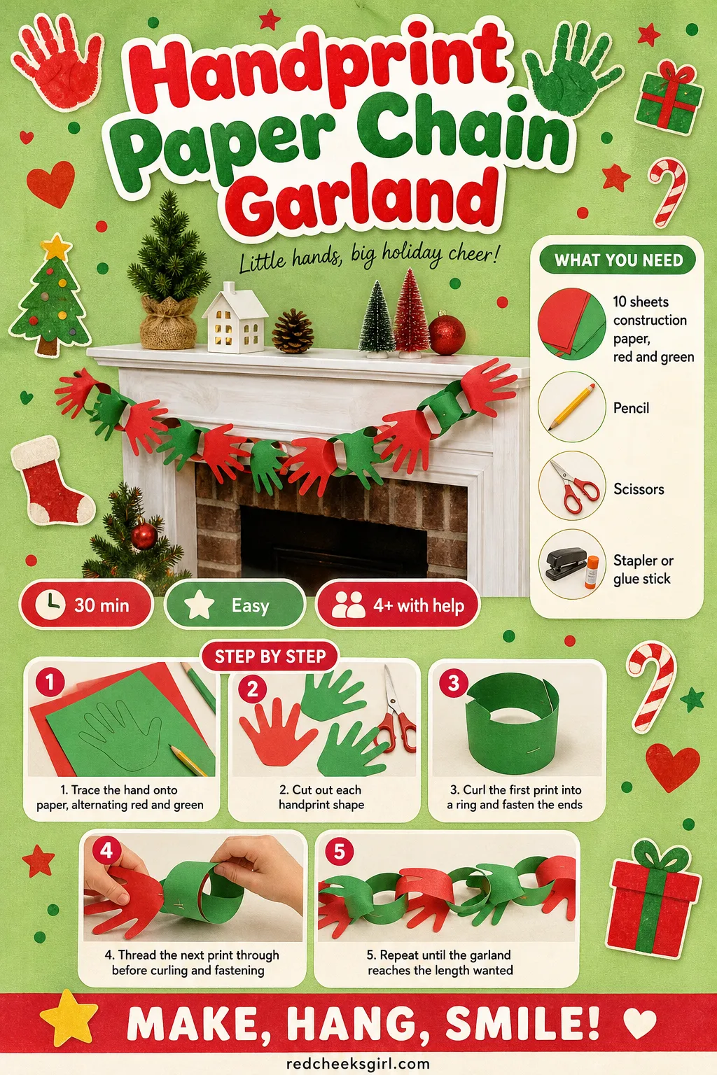 Handprint Paper Chain Garland Craft Card printable sheet — The link-by-link chaining method for the handprint garland on one sheet. Christmas handprint crafts