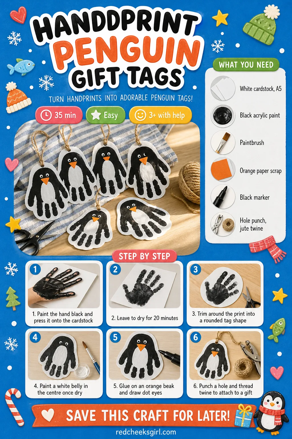 Handprint Penguin Gift Tags Craft Card printable sheet — Everything needed to batch-make penguin gift tags on one sheet. Christmas handprint crafts