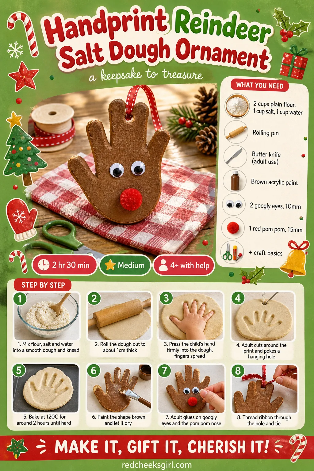 Handprint Reindeer Salt Dough Ornament Craft Card printable sheet — Full materials and steps for the salt dough reindeer ornament, ready to print and keep by