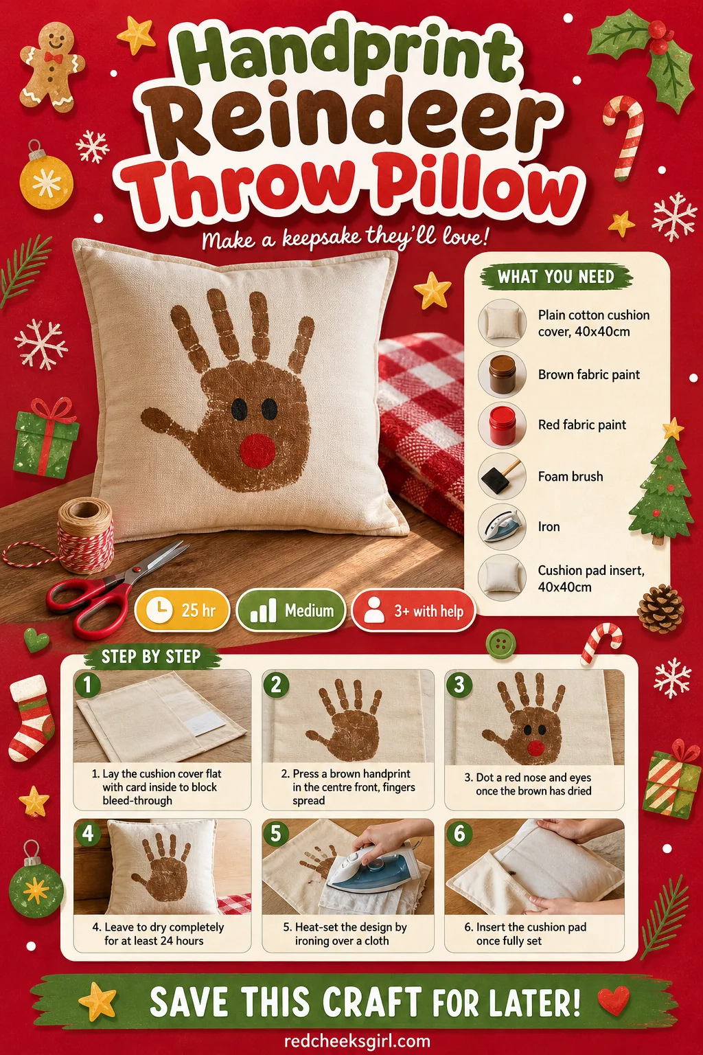 Handprint Reindeer Throw Pillow Craft Card printable sheet — Fabric paint and heat-setting steps for the reindeer pillow on one sheet. Christmas handprint
