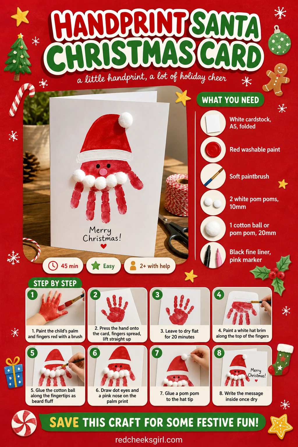 Handprint Santa Christmas Card Craft Card printable sheet — The whole Santa handprint card method condensed onto one printable sheet. Christmas handprint crafts