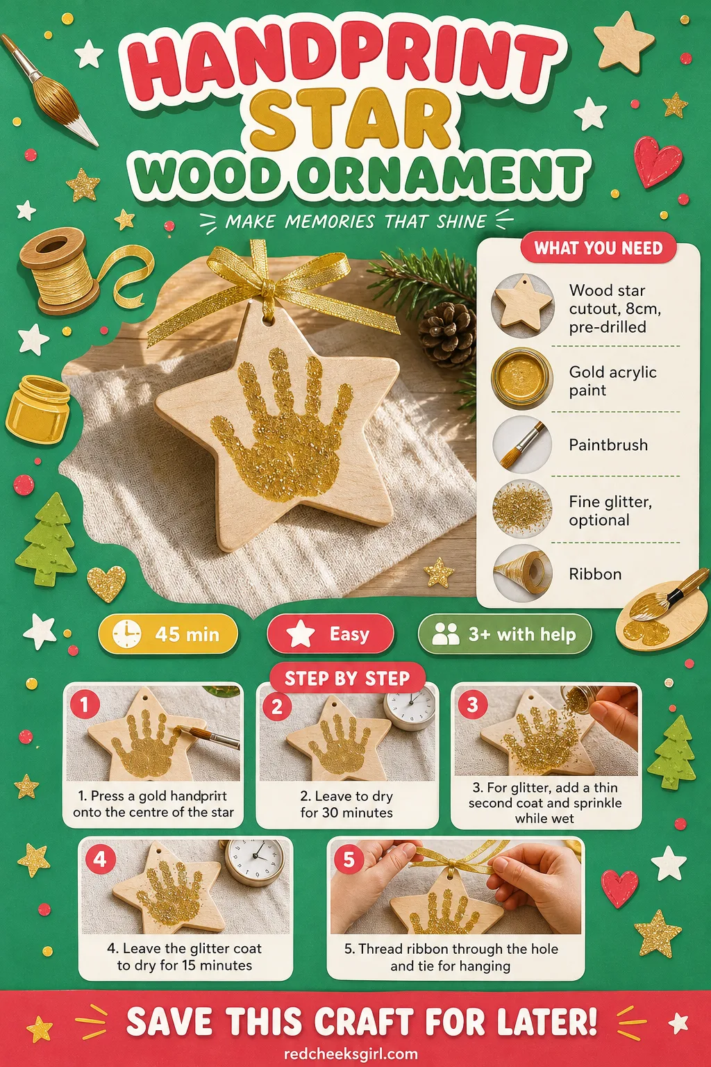Handprint Star Wood Ornament Craft Card printable sheet — The gold handprint and glitter steps for the star ornament on one sheet. Christmas handprint crafts