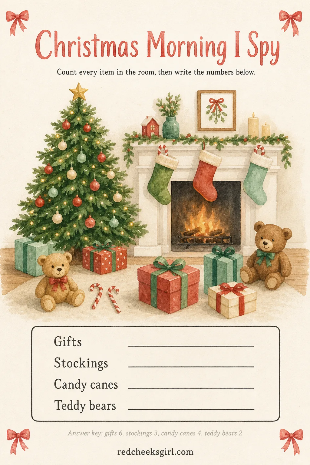 Christmas Morning I Spy printable sheet — Wrapped gifts spill across the floor under a tree, stockings hang along a mantel, and candy canes peek out of two of