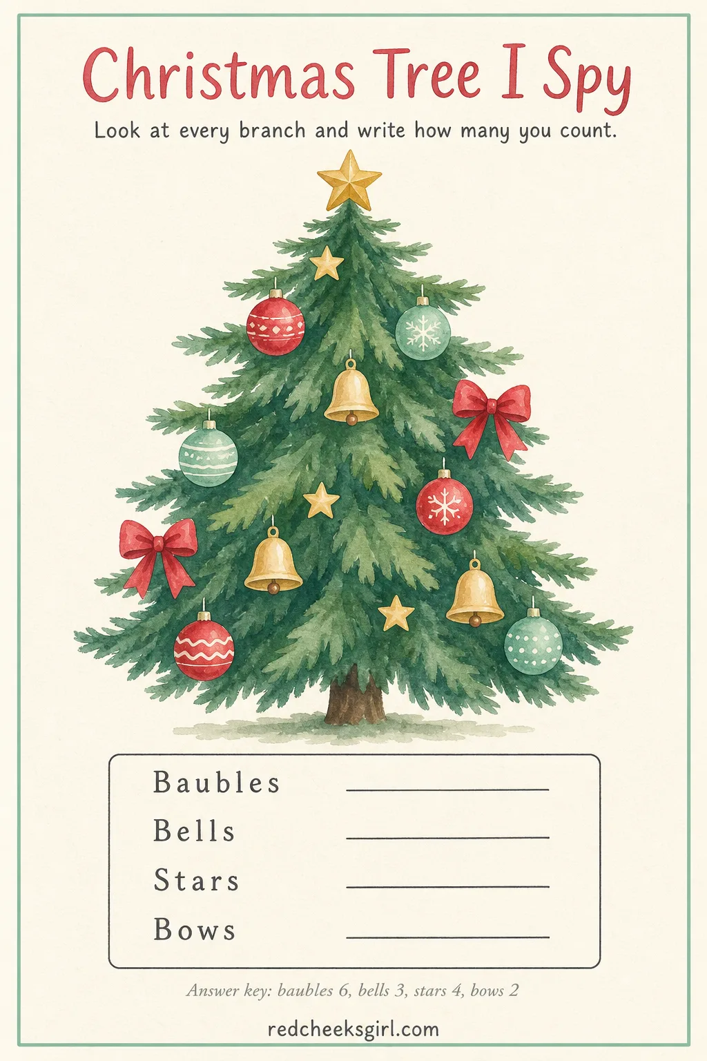 Christmas Tree I Spy printable sheet — A fully trimmed tree fills the page, and her eyes have to travel branch by branch to separate the baubles from the bells