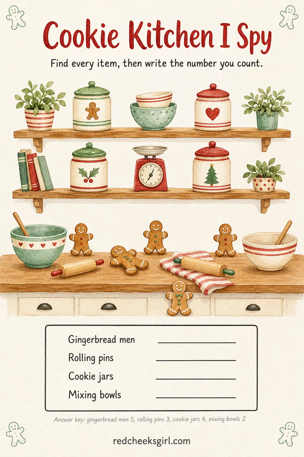 Cookie Kitchen I Spy printable sheet — Flour dust, a crowded counter, and a search for gingerbread men standing among rolling pins and jars: this scene rewards