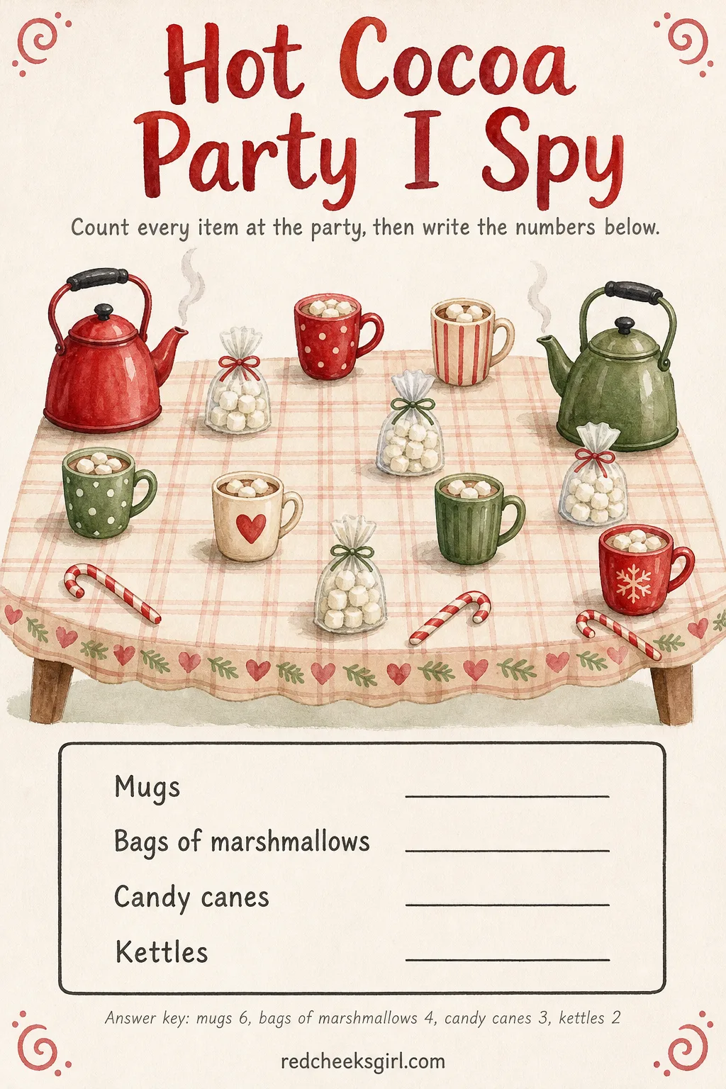 Hot Cocoa Party I Spy printable sheet — Mugs line a table, bags of marshmallows sit stacked beside them, and two kettles steam at opposite ends of the counter.