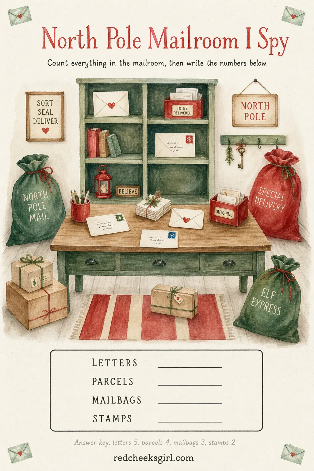North Pole Mailroom I Spy printable sheet — Letters pile on a sorting desk, parcels stack against the wall, and mailbags lean in the corners of a busy little