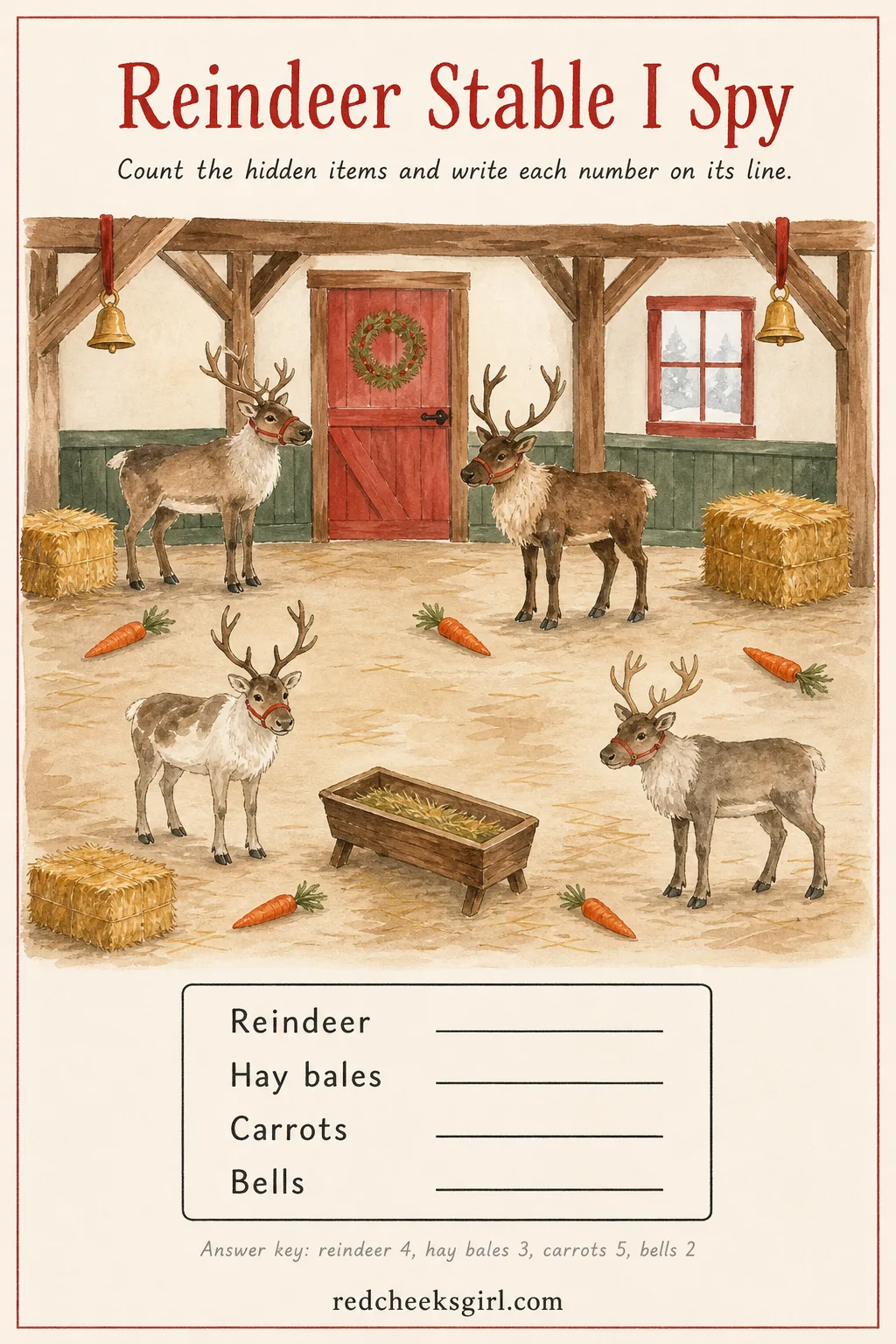 Reindeer Stable I Spy printable sheet — Four reindeer stand among hay bales and scattered carrots, and she has to decide where one animal ends and the next