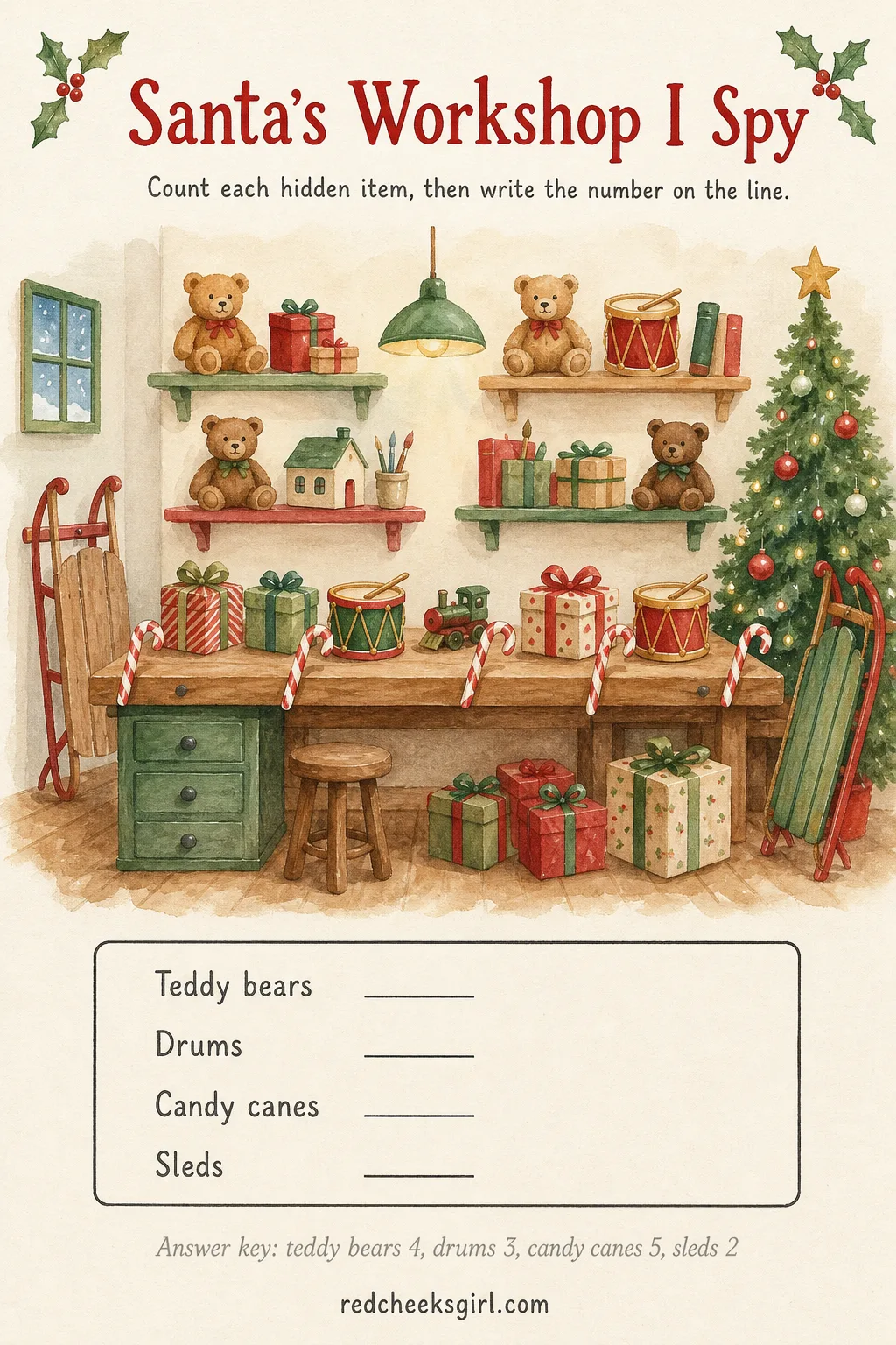 Santa's Workshop I Spy printable sheet — She tips her head over the sheet, scanning a cluttered workshop bench for teddy bears tucked between tool shelves.