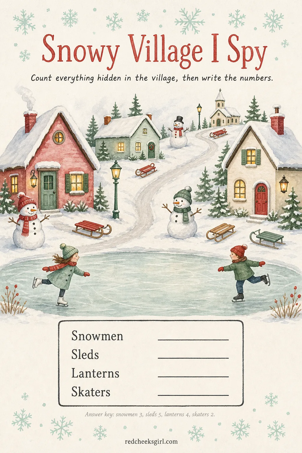 Snowy Village I Spy printable sheet — A row of little houses under snow, lanterns glowing in windows, and somewhere among it all three snowmen, five sleds
