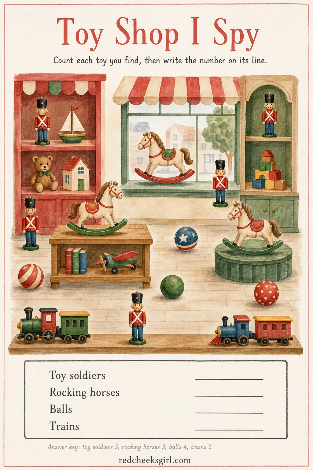 Toy Shop I Spy printable sheet — Shelves lined with toy soldiers, rocking horses tucked between display stands, and a scatter of balls and trains across the