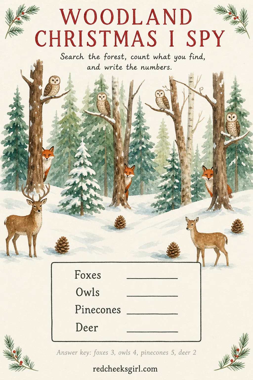 Woodland Christmas I Spy printable sheet — Foxes duck between trees, owls perch above, and a scattering of pinecones sits low on the forest floor where little
