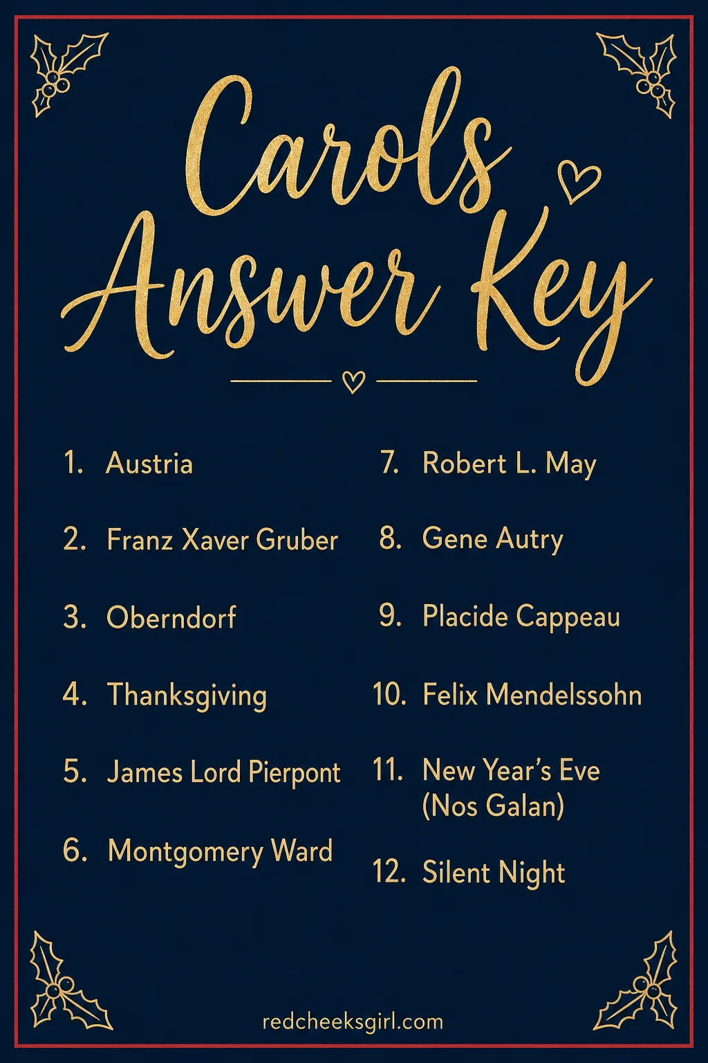 Carols Answer Key printable sheet. Christmas jeopardy questions and answers