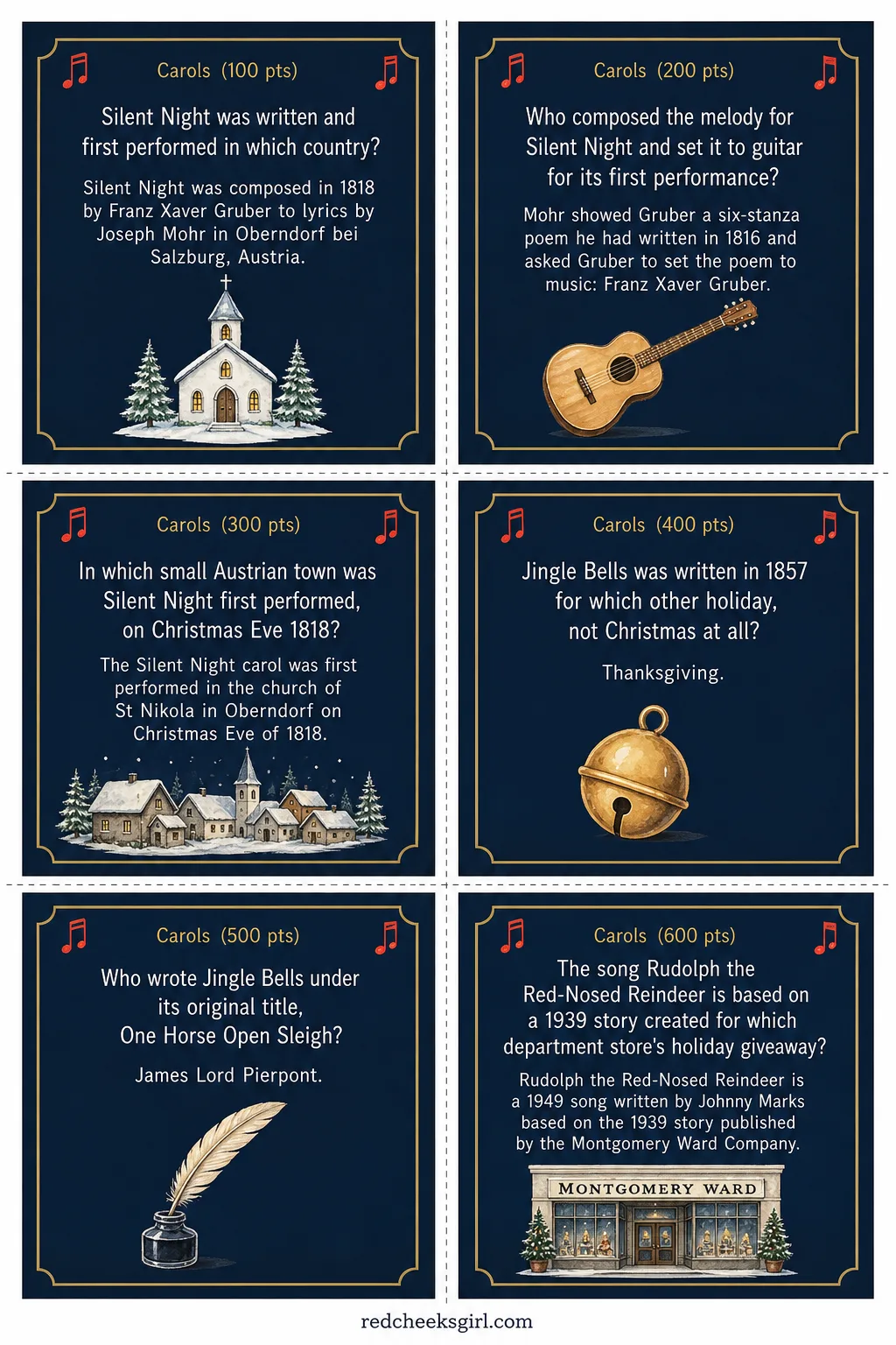 Carols Cards (Sheet 1) printable sheet. Christmas jeopardy questions and answers