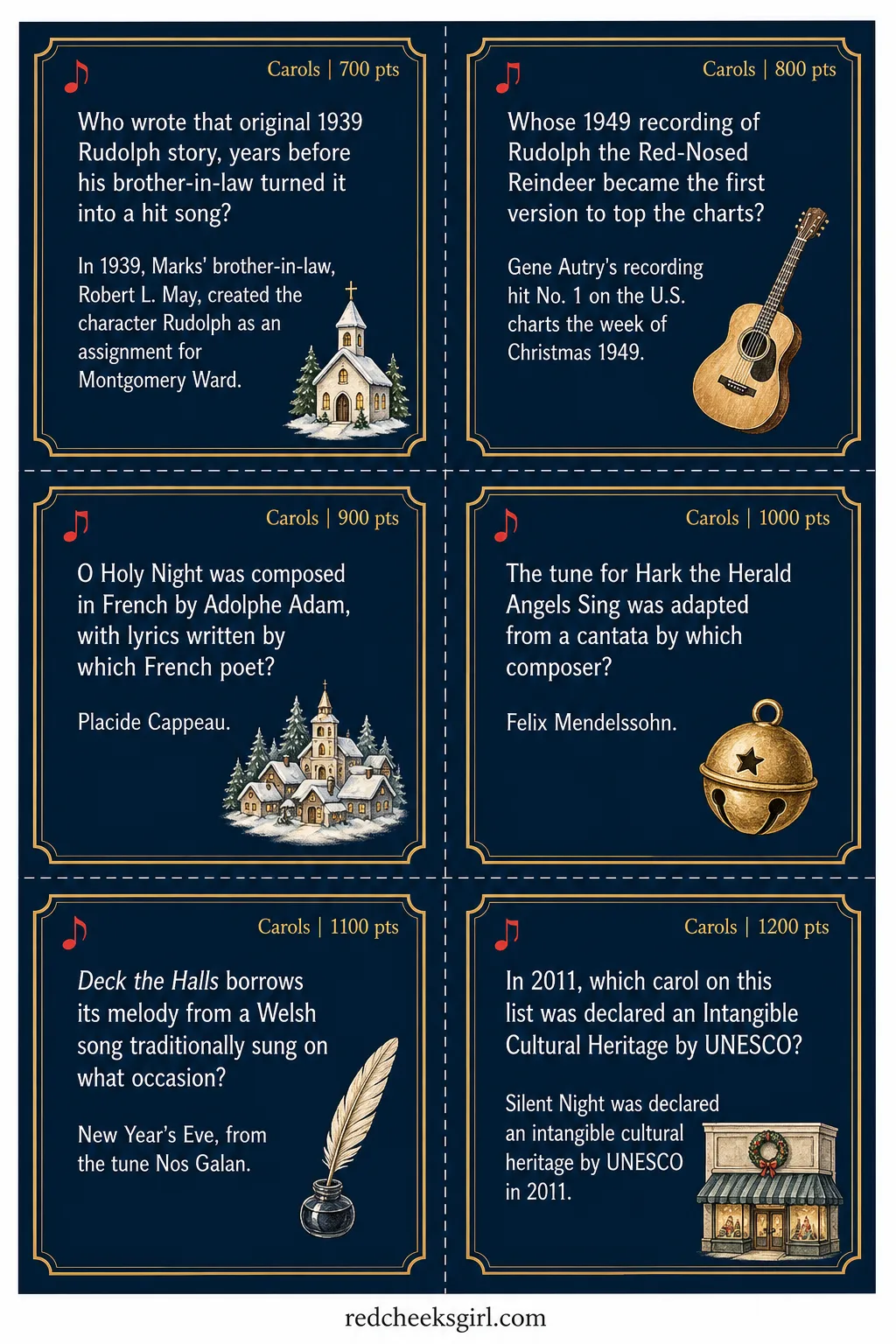 Carols Cards (Sheet 2) printable sheet. Christmas jeopardy questions and answers