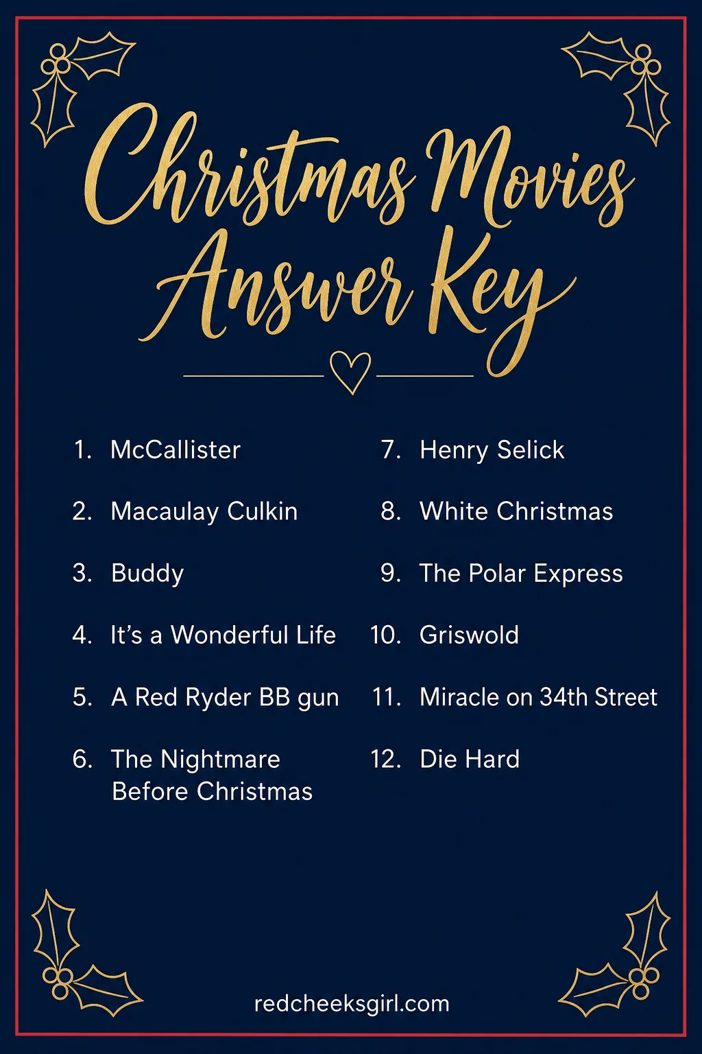 Christmas Movies Answer Key printable sheet. Christmas jeopardy questions and answers